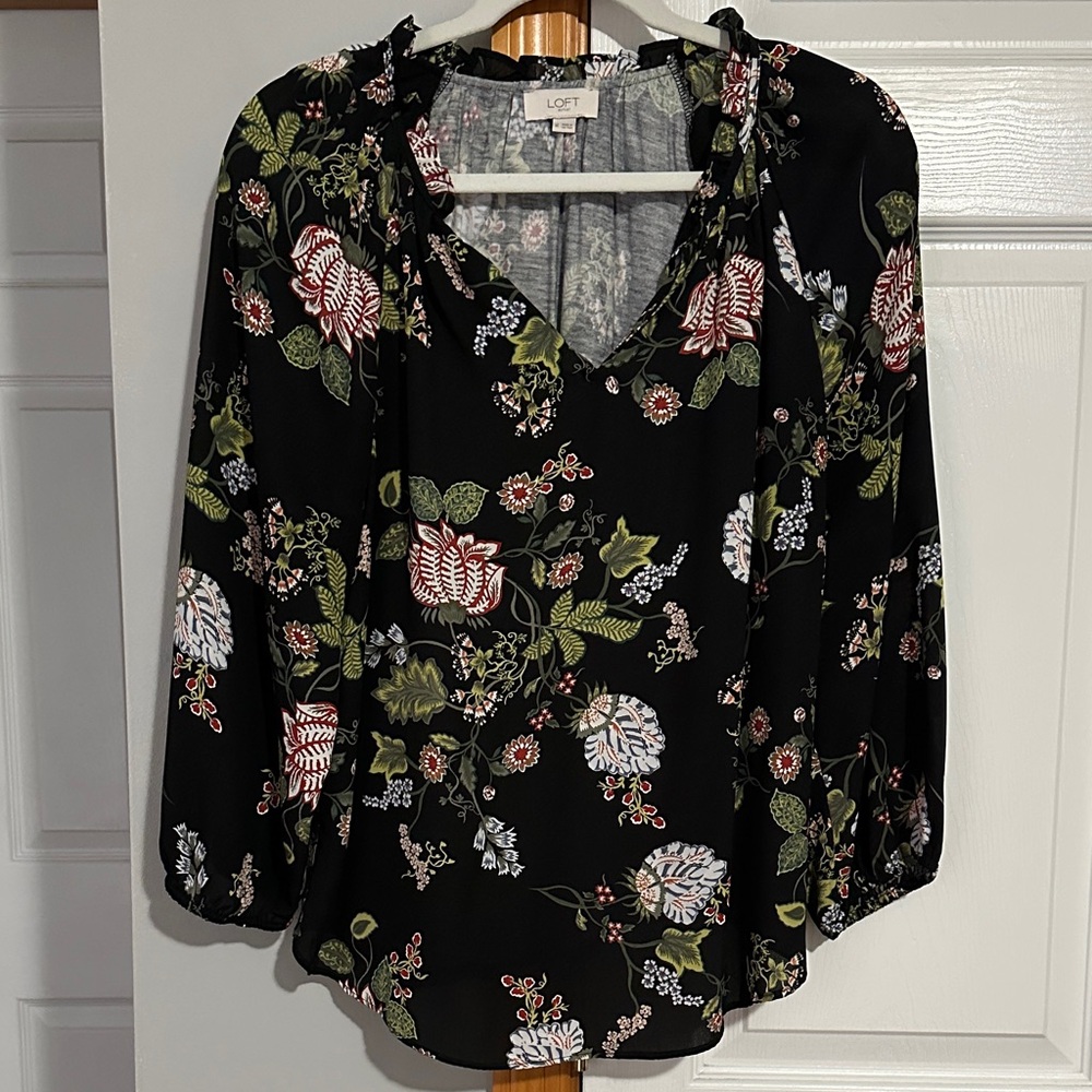 LOFT Black Multicolor Floral Blouse